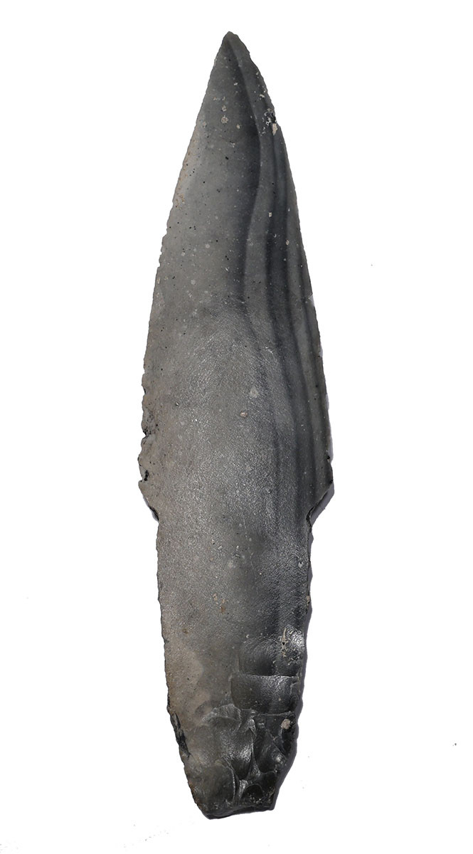 CHOICE MAYAN PRE-COLUMBIAN STEMMED MACRO BLADE DAGGER FLAKED STONE KNIFE WITH HANDLE  *PC670