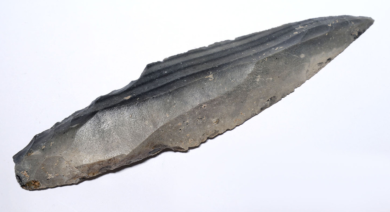 CHOICE MAYAN PRE-COLUMBIAN STEMMED MACRO BLADE DAGGER FLAKED STONE KNIFE WITH HANDLE  *PC670