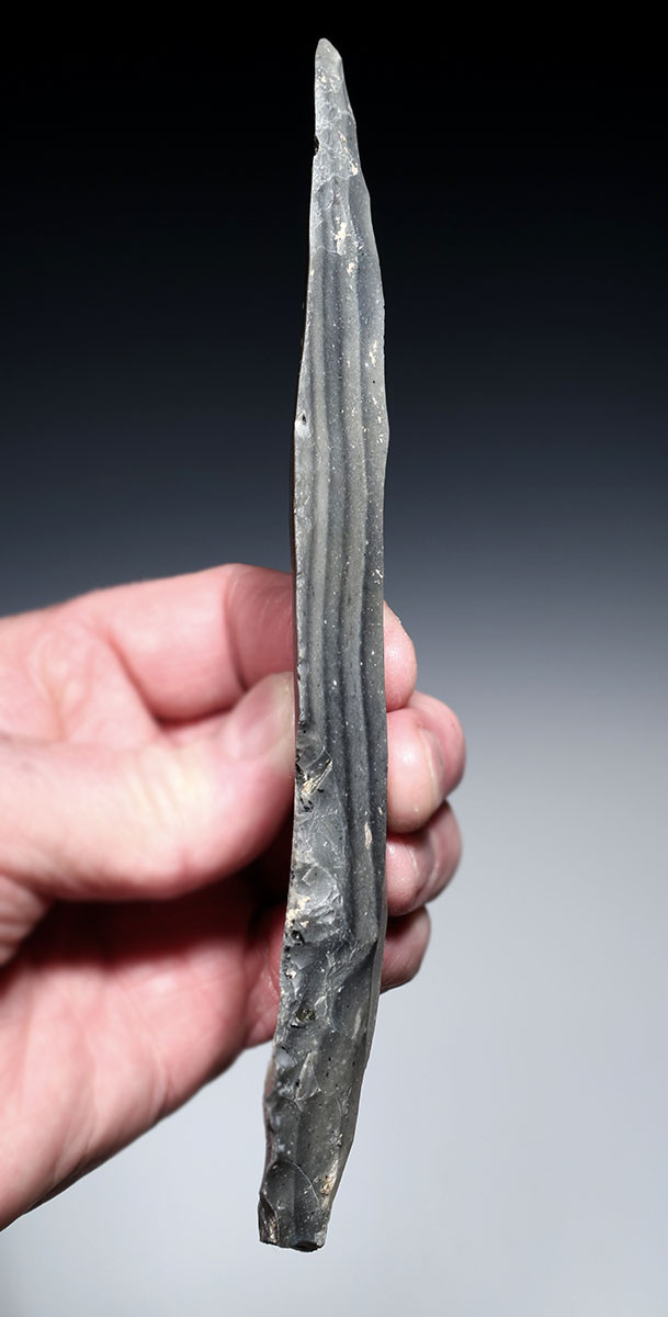CHOICE MAYAN PRE-COLUMBIAN STEMMED MACRO BLADE DAGGER FLAKED STONE KNIFE WITH HANDLE  *PC670