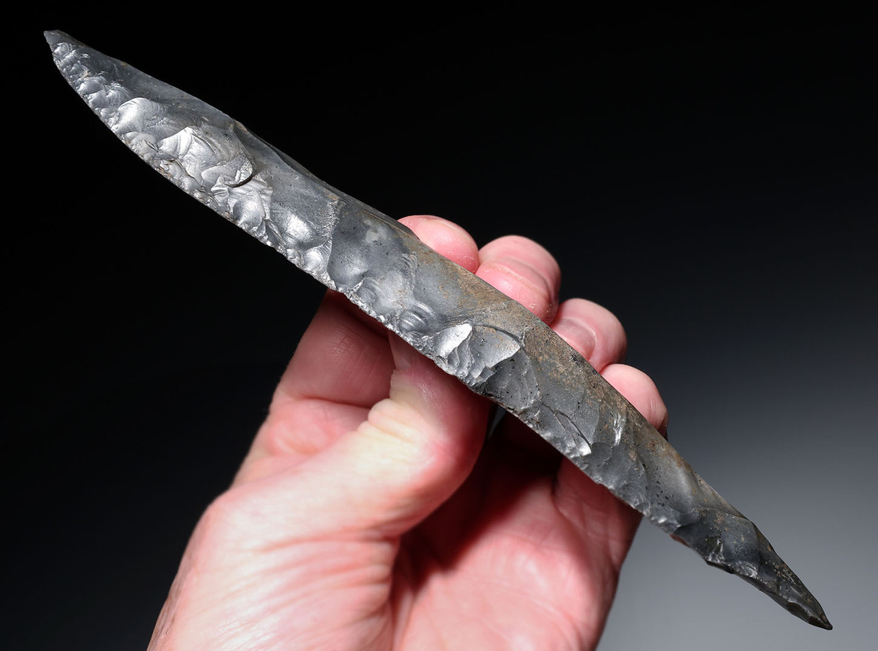 PREMIUM MAYAN PRE-COLUMBIAN STEMMED MACRO BLADE DAGGER FLAKED STONE KNIFE WITH HANDLE  *PC672