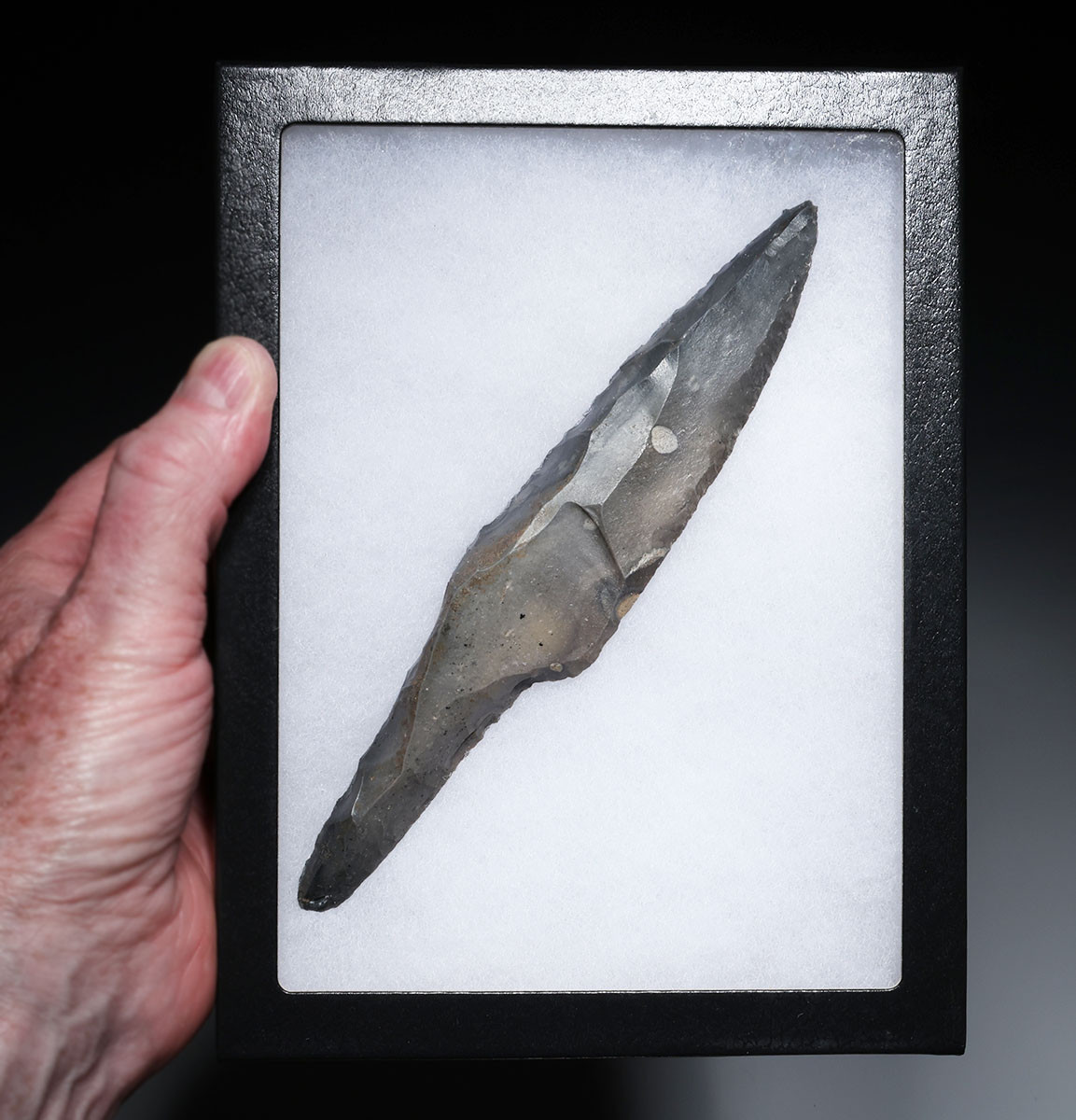 PREMIUM MAYAN PRE-COLUMBIAN STEMMED MACRO BLADE DAGGER FLAKED STONE KNIFE WITH HANDLE  *PC672