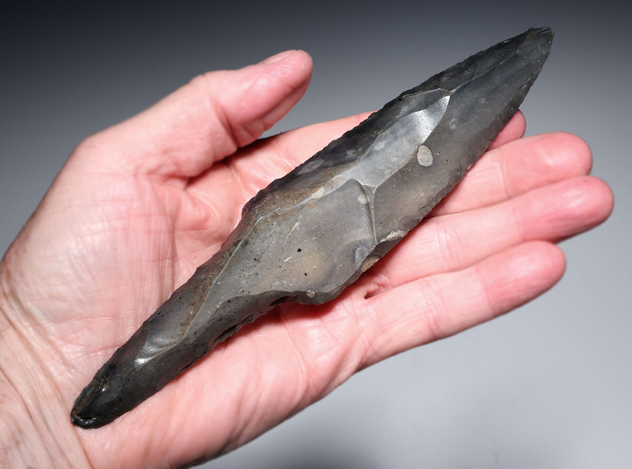 PREMIUM MAYAN PRE-COLUMBIAN STEMMED MACRO BLADE DAGGER FLAKED STONE KNIFE WITH HANDLE  *PC672