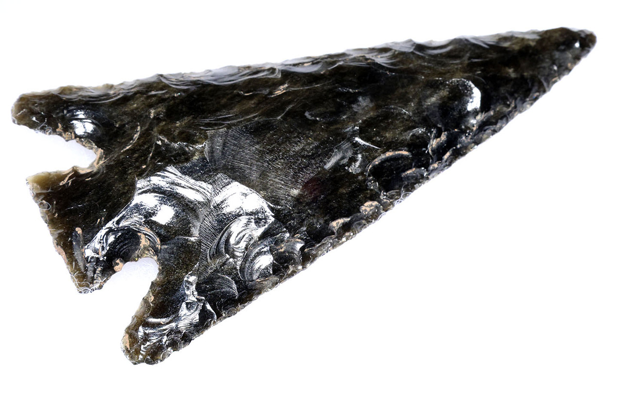 GIANT SPECTACULAR ROYAL CEREMONIAL MAYAN PRE-COLUMBIAN GREEN SHEEN OBSIDIAN BARBED SPEARHEAD  *PC667