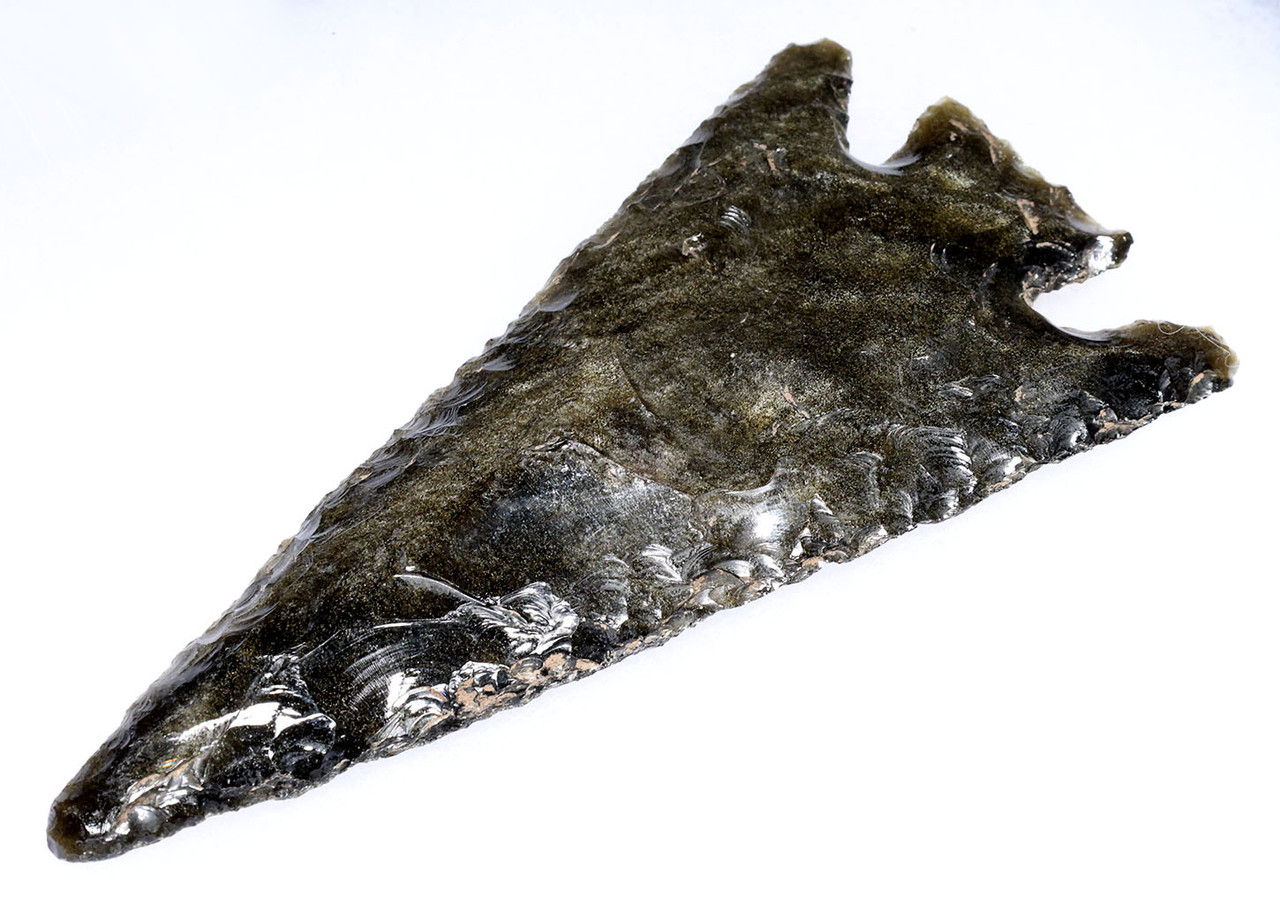 GIANT SPECTACULAR ROYAL CEREMONIAL MAYAN PRE-COLUMBIAN GREEN SHEEN OBSIDIAN BARBED SPEARHEAD  *PC667
