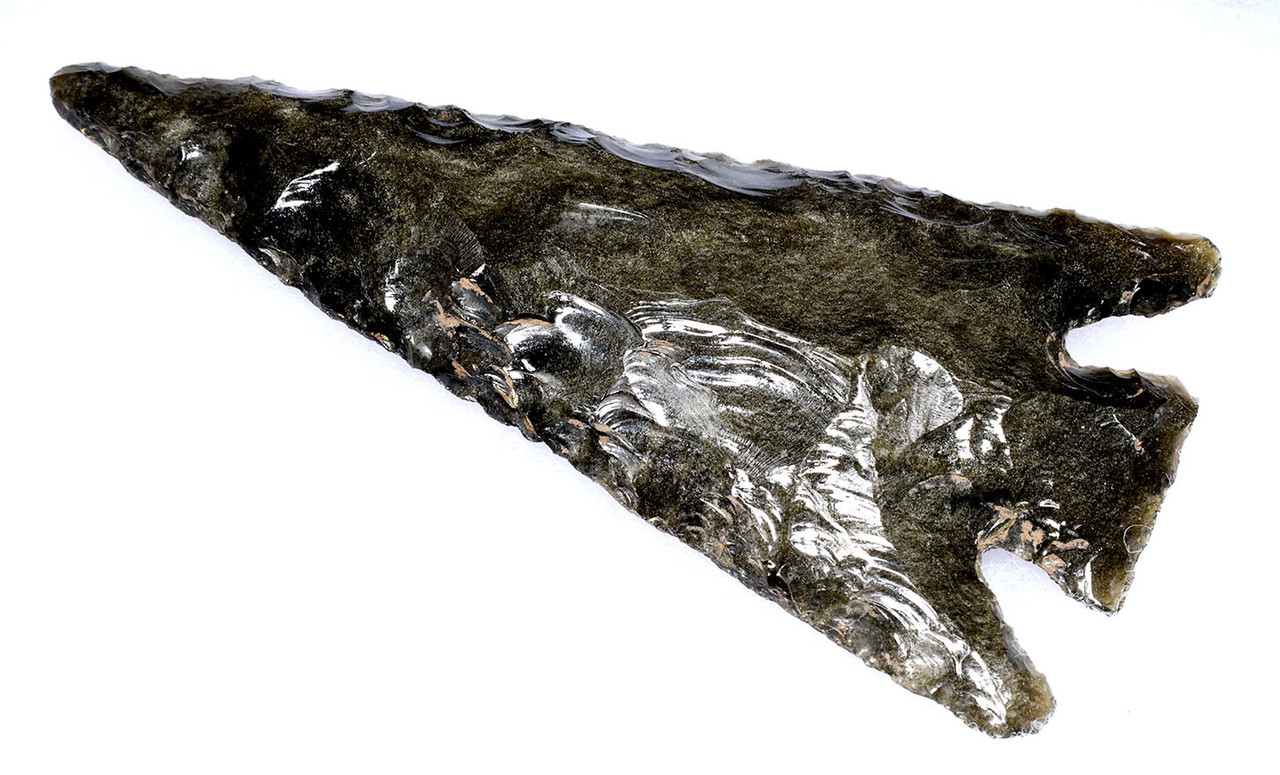 GIANT SPECTACULAR ROYAL CEREMONIAL MAYAN PRE-COLUMBIAN GREEN SHEEN OBSIDIAN BARBED SPEARHEAD  *PC667