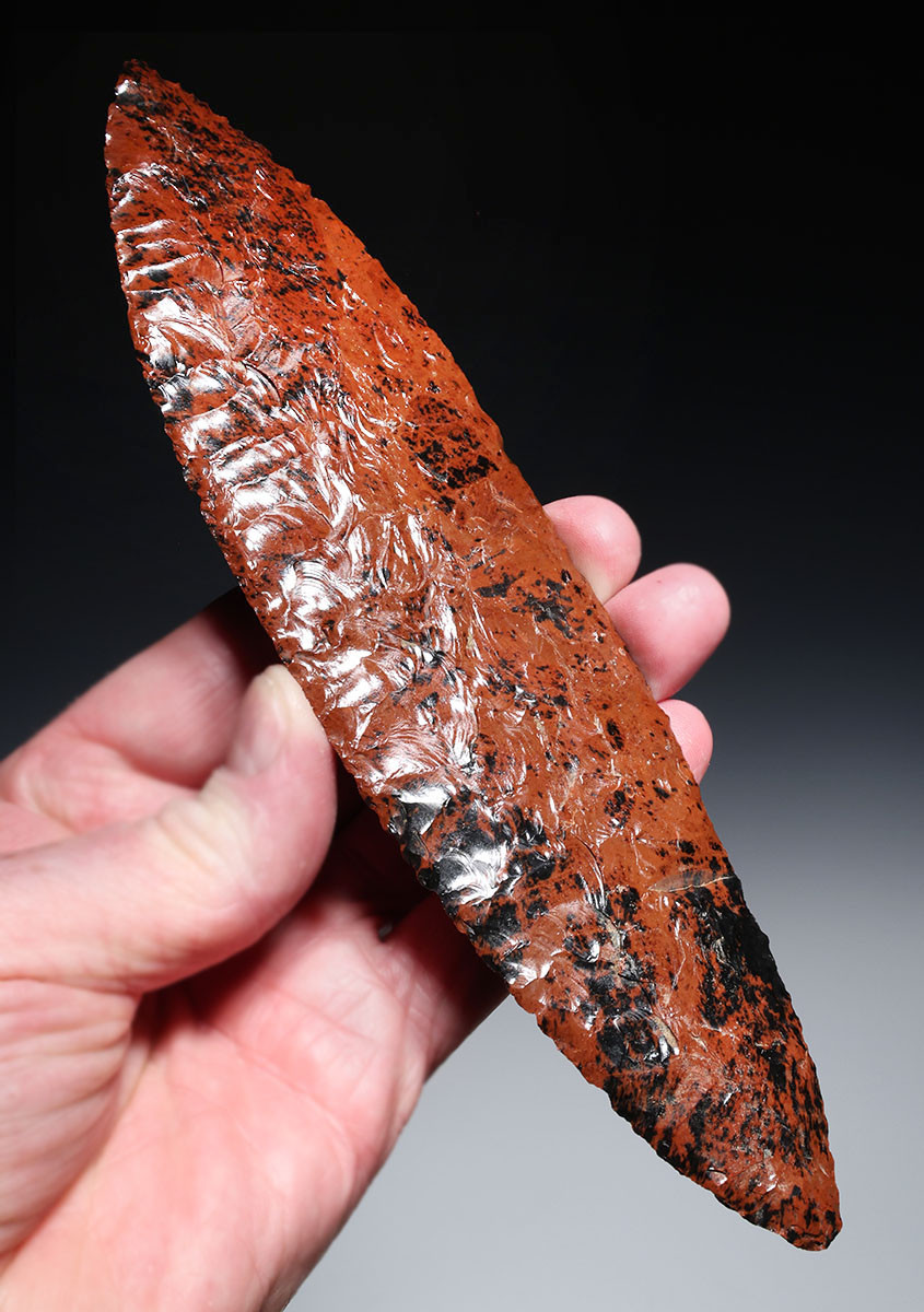 LARGE RED MAHOGANY OBSIDIAN INVESTMENT-CLASS MAYAN PRE-COLUMBIAN BIFACIAL KNIFE DAGGER BLADE FOR HEART-REMOVAL SACRIFICE  *PC669
