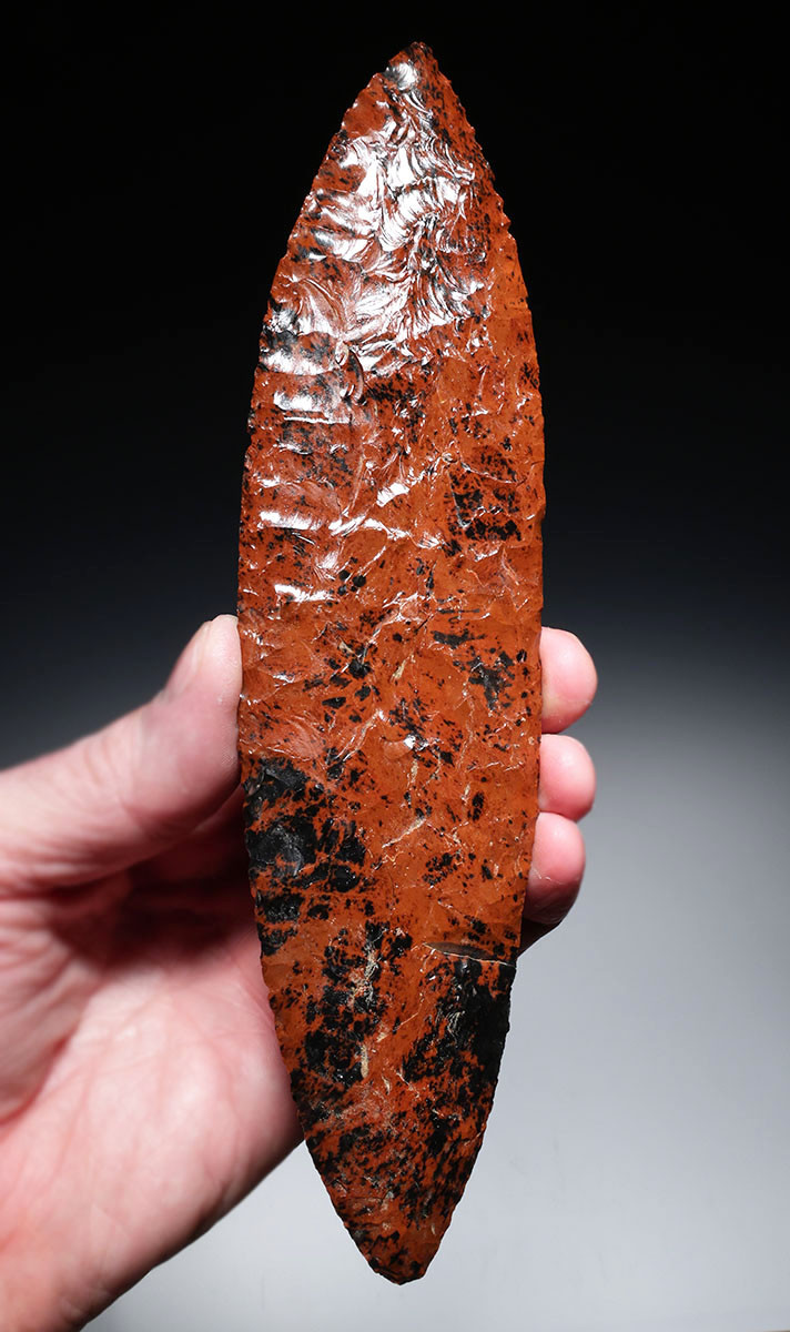 LARGE RED MAHOGANY OBSIDIAN INVESTMENT-CLASS MAYAN PRE-COLUMBIAN BIFACIAL KNIFE DAGGER BLADE FOR HEART-REMOVAL SACRIFICE  *PC669