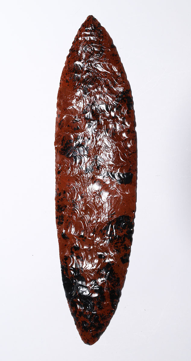 LARGE RED MAHOGANY OBSIDIAN INVESTMENT-CLASS MAYAN PRE-COLUMBIAN BIFACIAL KNIFE DAGGER BLADE FOR HEART-REMOVAL SACRIFICE  *PC669