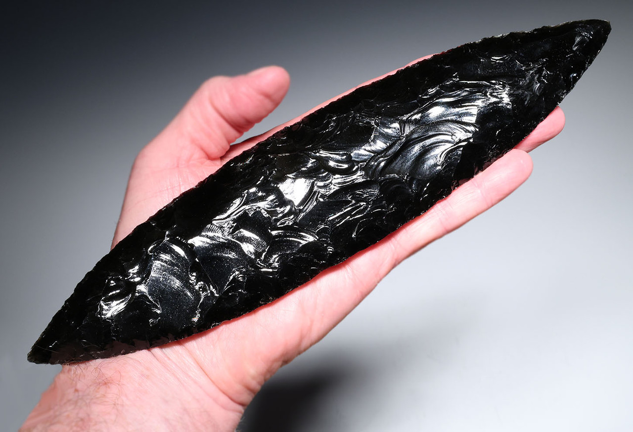 GIANT 10.7 INCH BIFACIAL OBSIDIAN INVESTMENT-CLASS MAYAN PRE-COLUMBIAN KNIFE DAGGER BLADE FOR HEART-REMOVAL SACRIFICE  *PC668