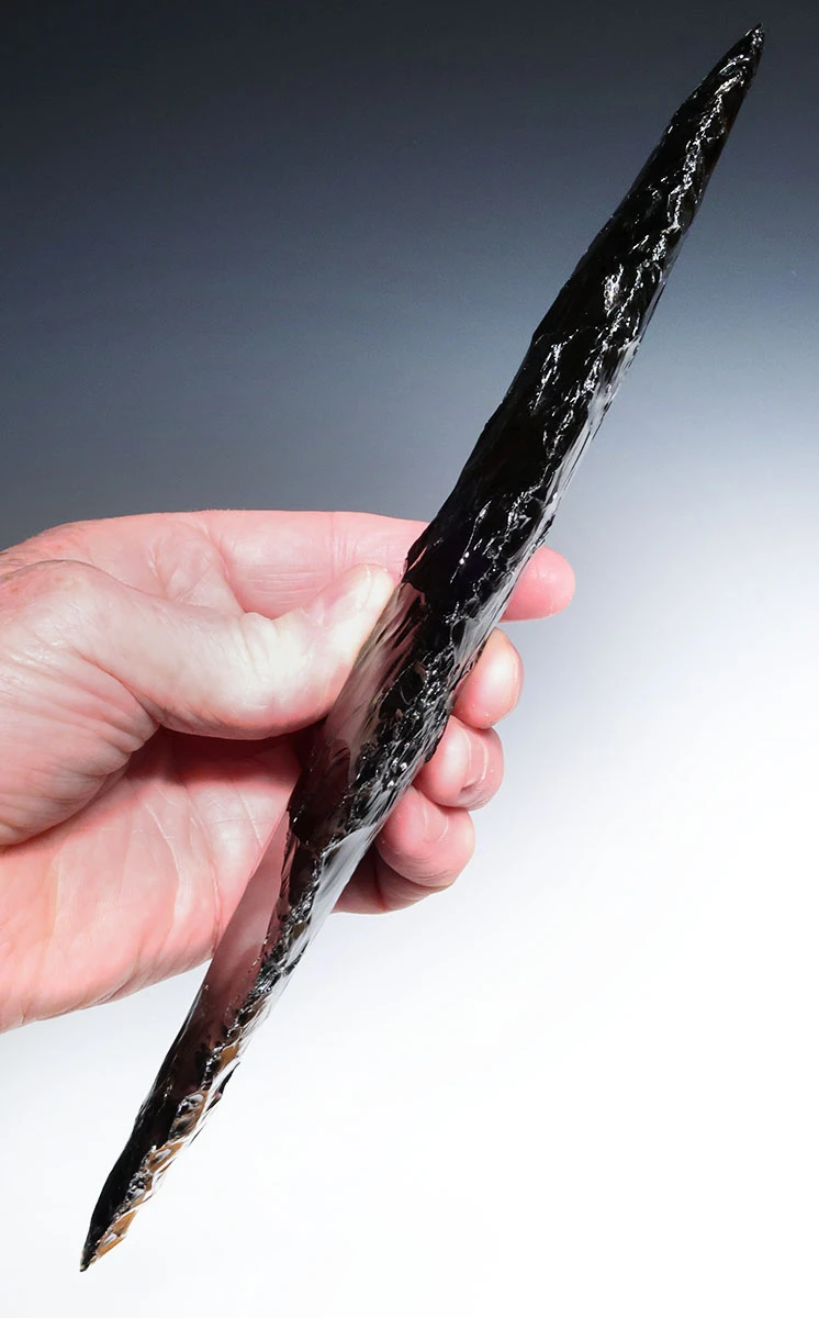 GIANT 10.7 INCH BIFACIAL OBSIDIAN INVESTMENT-CLASS MAYAN PRE-COLUMBIAN KNIFE DAGGER BLADE FOR HEART-REMOVAL SACRIFICE  *PC668