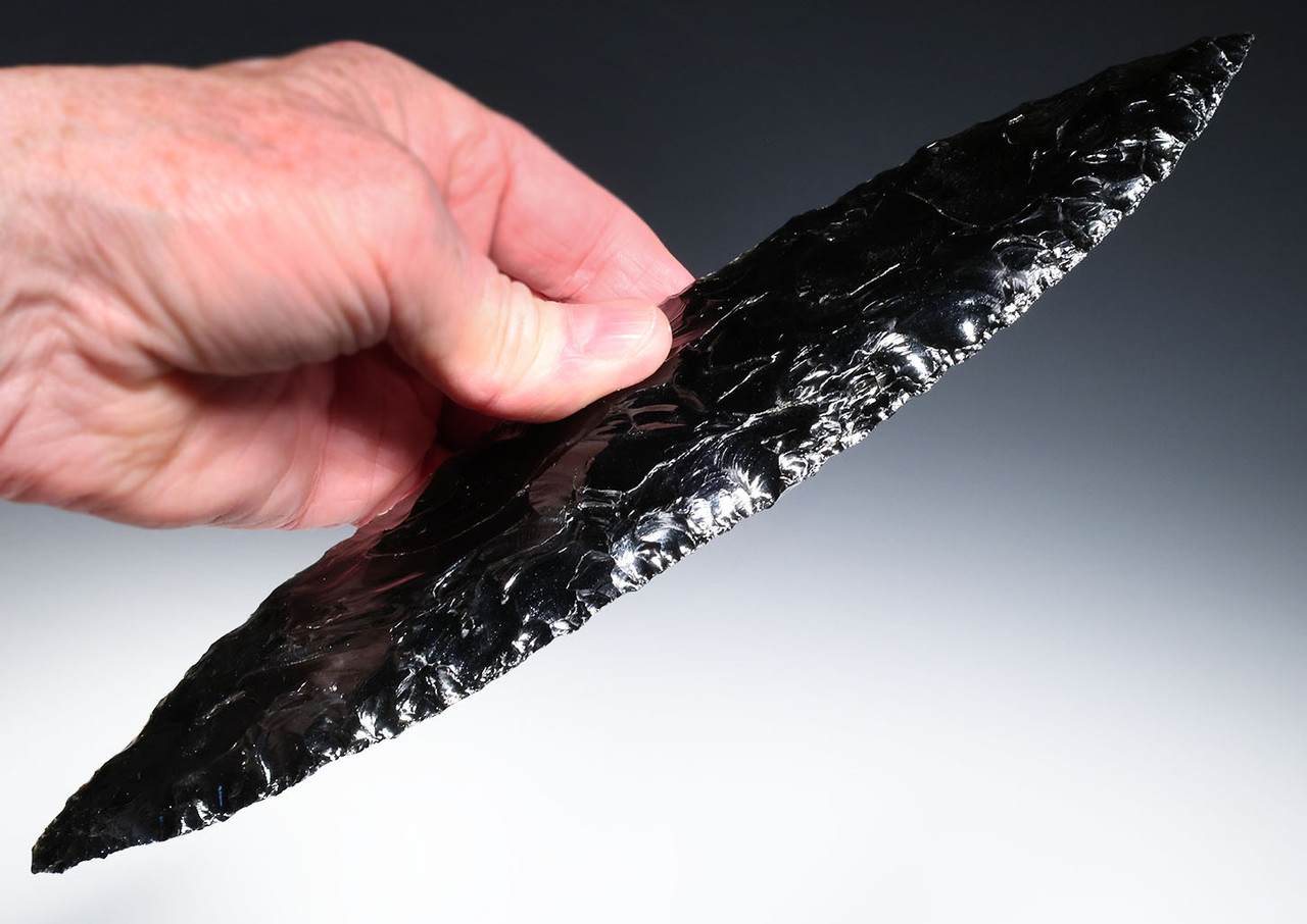 GIANT 10.7 INCH BIFACIAL OBSIDIAN INVESTMENT-CLASS MAYAN PRE-COLUMBIAN KNIFE DAGGER BLADE FOR HEART-REMOVAL SACRIFICE  *PC668