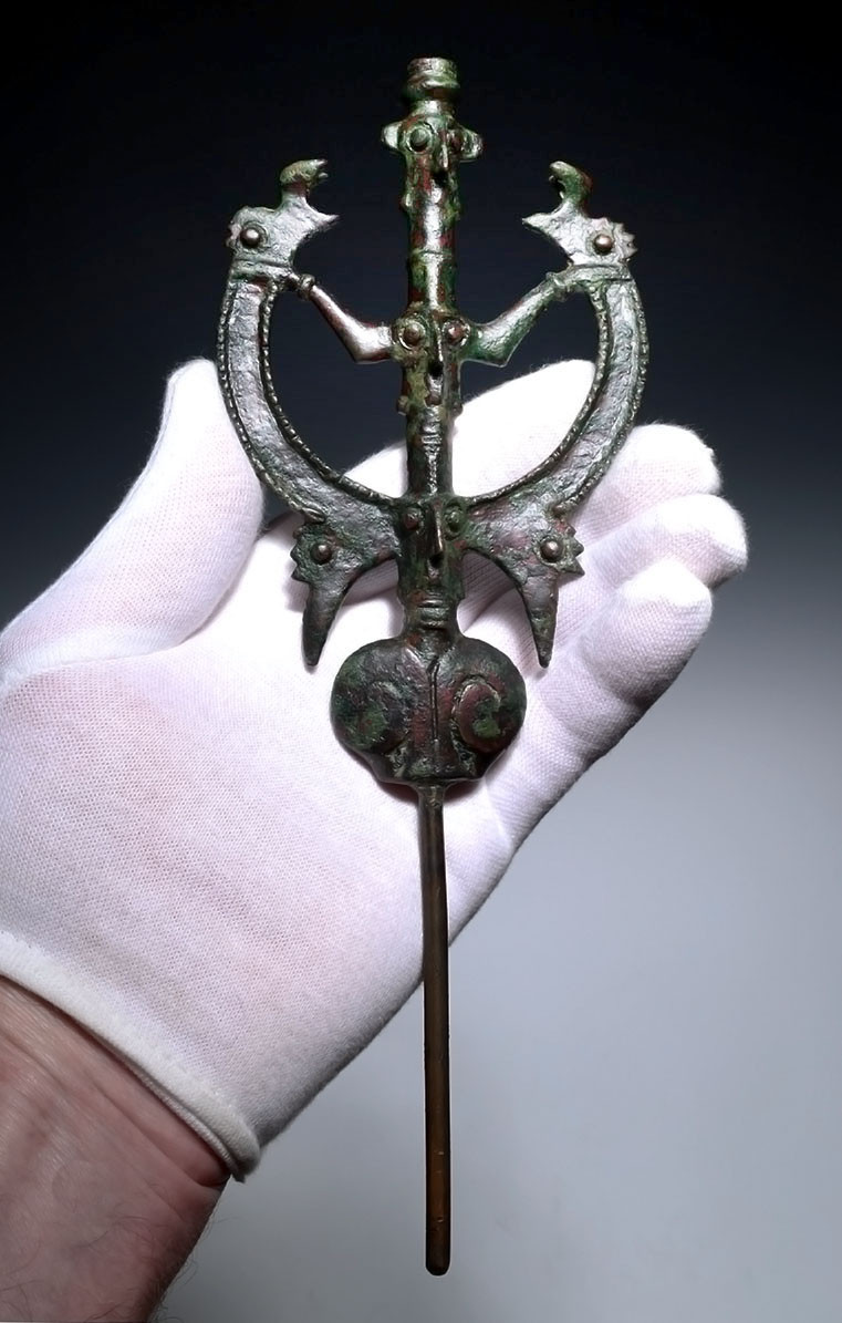 EXTRAORDINARY LARGE ANCIENT BRONZE 'MASTER OF ANIMALS' FIGURAL IDOL FINIAL FROM NEAR EAST LURISTAN  *LUR472