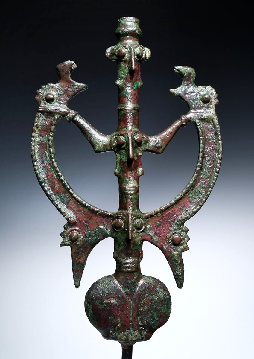 EXTRAORDINARY LARGE ANCIENT BRONZE 'MASTER OF ANIMALS' FIGURAL IDOL FINIAL FROM NEAR EAST LURISTAN  *LUR472