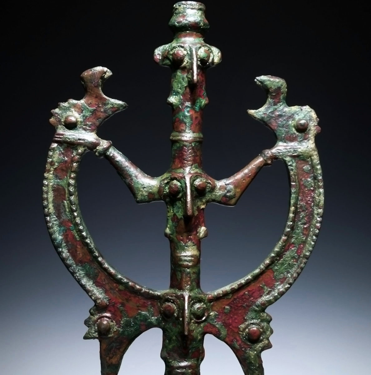 EXTRAORDINARY LARGE ANCIENT BRONZE 'MASTER OF ANIMALS' FIGURAL IDOL FINIAL FROM NEAR EAST LURISTAN  *LUR472