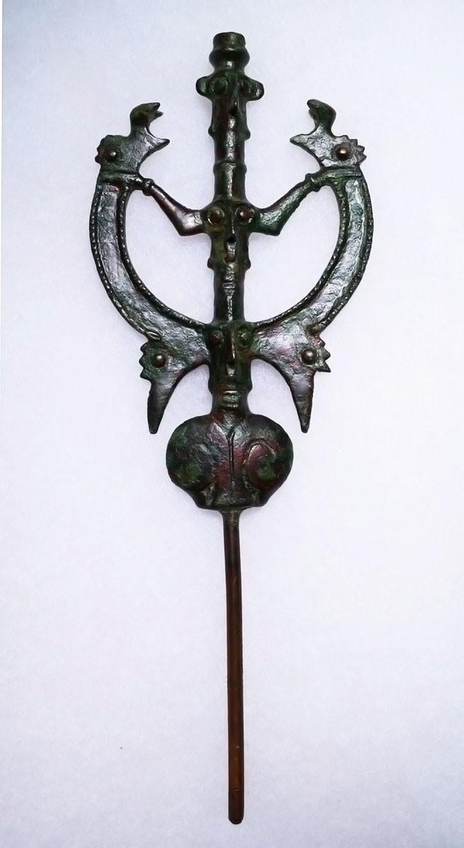 EXTRAORDINARY LARGE ANCIENT BRONZE 'MASTER OF ANIMALS' FIGURAL IDOL FINIAL FROM NEAR EAST LURISTAN  *LUR472
