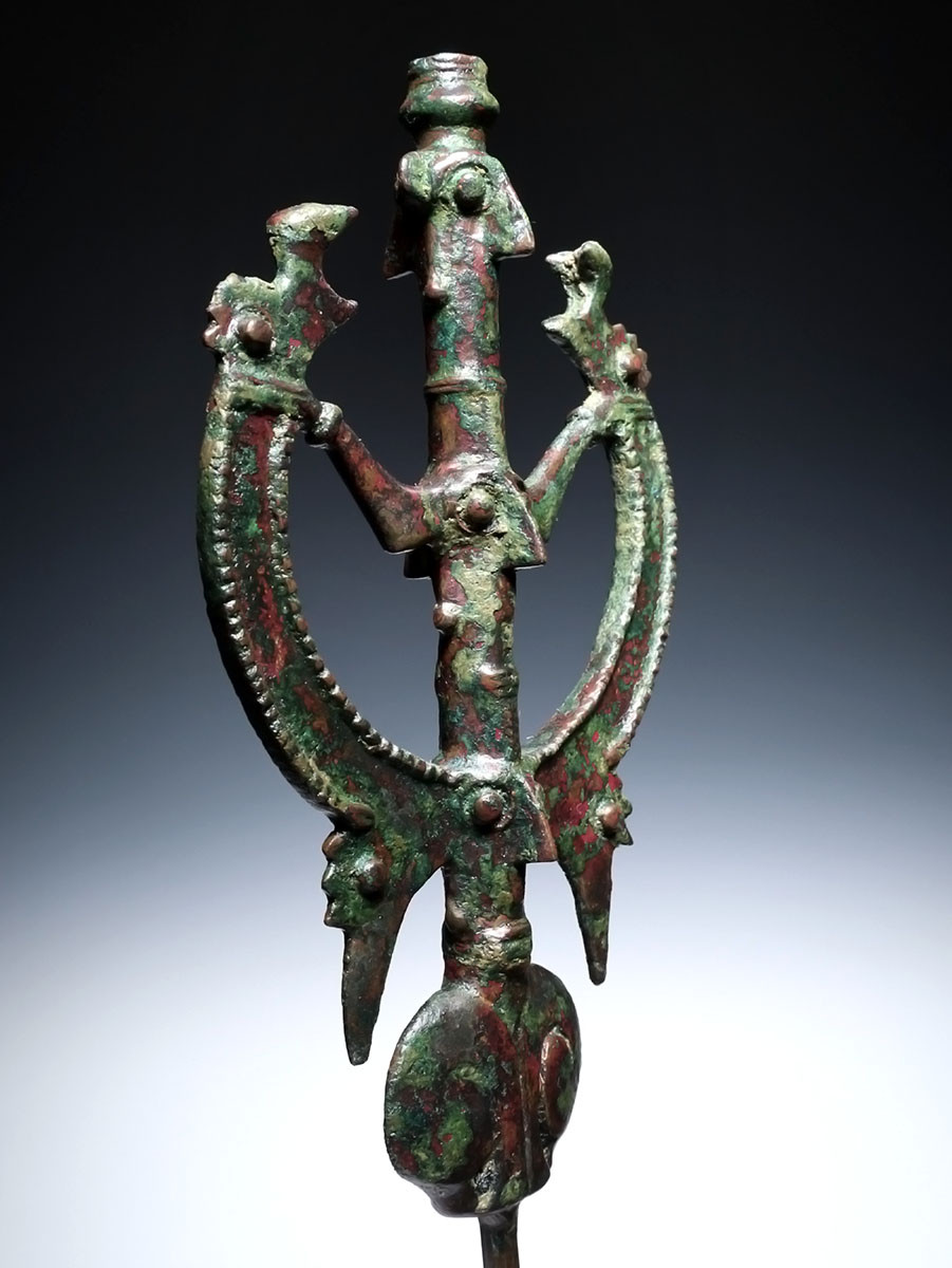 EXTRAORDINARY LARGE ANCIENT BRONZE 'MASTER OF ANIMALS' FIGURAL IDOL FINIAL FROM NEAR EAST LURISTAN  *LUR472