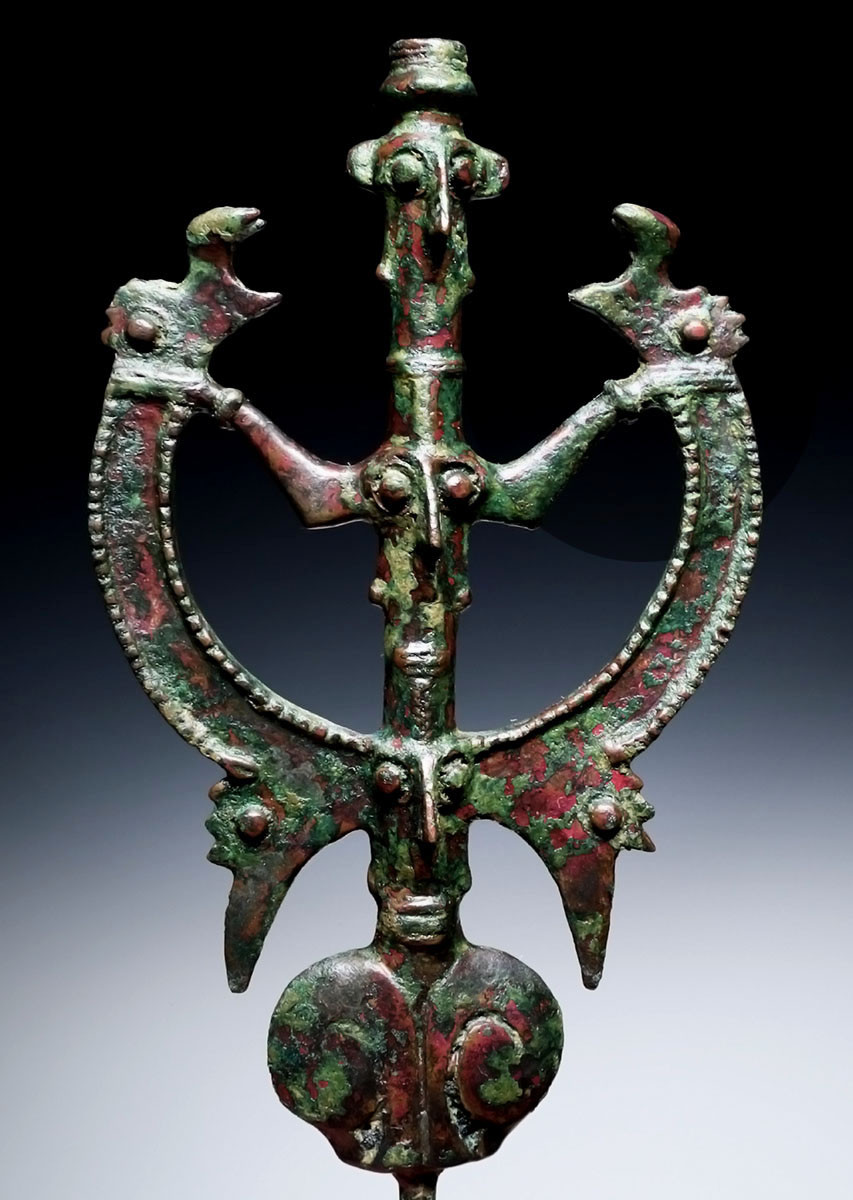 EXTRAORDINARY LARGE ANCIENT BRONZE 'MASTER OF ANIMALS' FIGURAL IDOL FINIAL FROM NEAR EAST LURISTAN  *LUR472