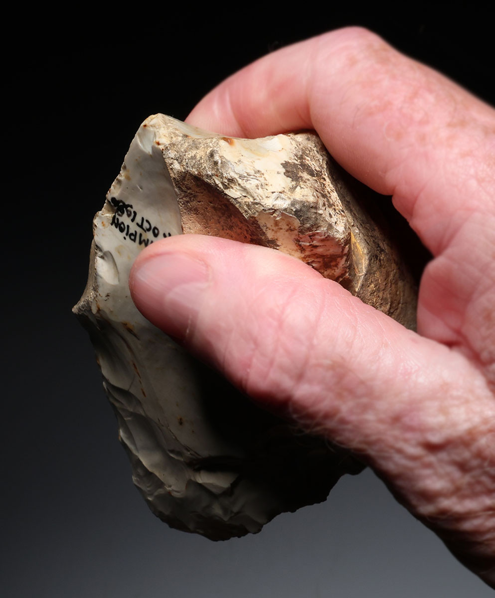 SPECTACULAR IVORY WHITE PREHISTORIC FLINT HOMO HEIDELBERGENSIS ACHEULEAN HAND AXE FROM LOWER PALEOLITHIC BELGIUM  *ACH500