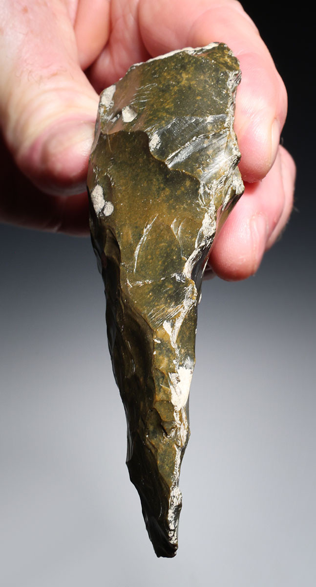 EXCEPTIONAL OLIVE BROWN FLINT HOMO ERECTUS PREHISTORIC ACHEULEAN BIFACE HAND AXE FROM FRANCE  *ACH499
