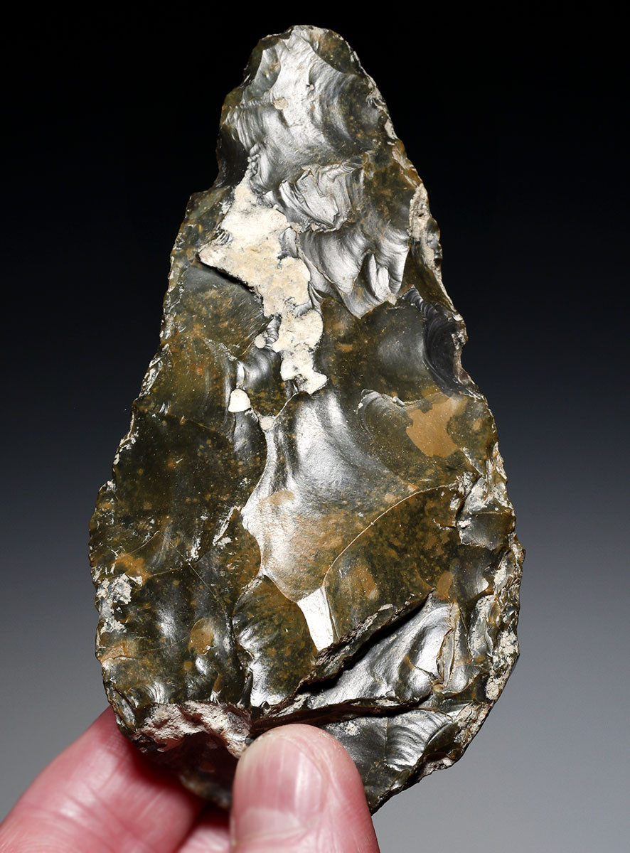 EXCEPTIONAL OLIVE BROWN FLINT HOMO ERECTUS PREHISTORIC ACHEULEAN BIFACE HAND AXE FROM FRANCE  *ACH499