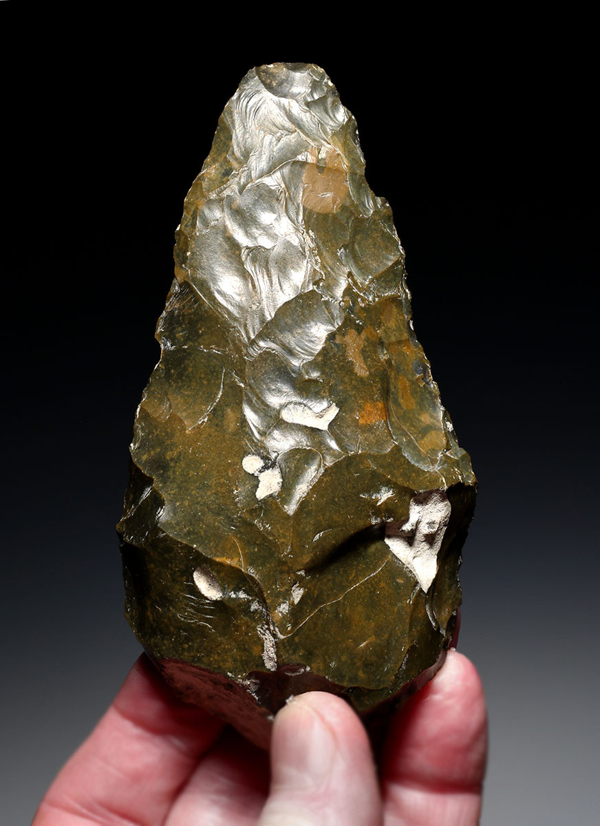 EXCEPTIONAL OLIVE BROWN FLINT HOMO ERECTUS PREHISTORIC ACHEULEAN BIFACE HAND AXE FROM FRANCE  *ACH499