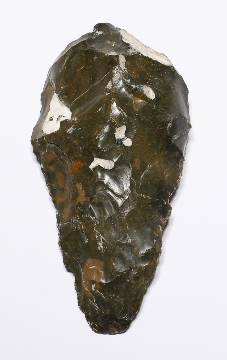 EXCEPTIONAL OLIVE BROWN FLINT HOMO ERECTUS PREHISTORIC ACHEULEAN BIFACE HAND AXE FROM FRANCE  *ACH499