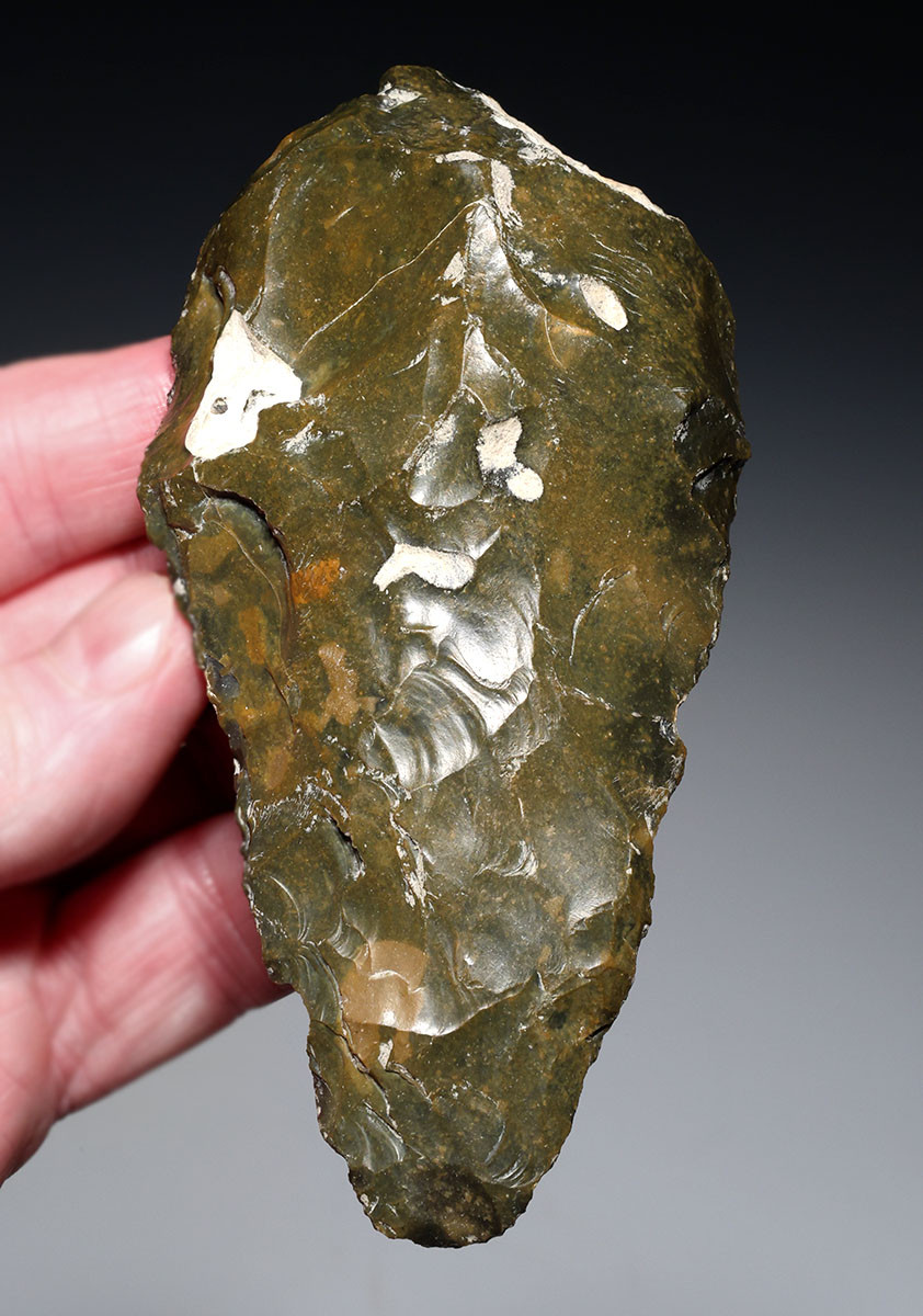 EXCEPTIONAL OLIVE BROWN FLINT HOMO ERECTUS PREHISTORIC ACHEULEAN BIFACE HAND AXE FROM FRANCE  *ACH499
