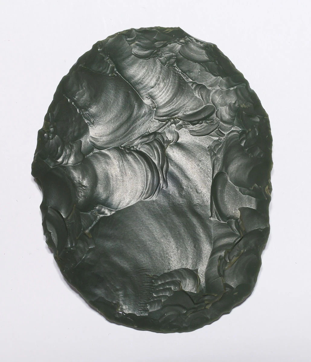 REMARKABLY THIN TENERIAN AFRICAN NEOLITHIC GREEN JASPER OVATE DISCOIDAL SCRAPER FROM THE PEOPLE OF THE GREEN SAHARA  *CAP495