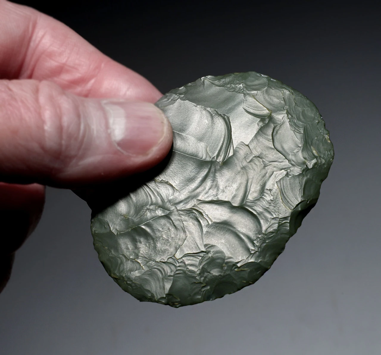 REMARKABLY THIN TENERIAN AFRICAN NEOLITHIC GREEN JASPER OVATE DISCOIDAL SCRAPER FROM THE PEOPLE OF THE GREEN SAHARA  *CAP495