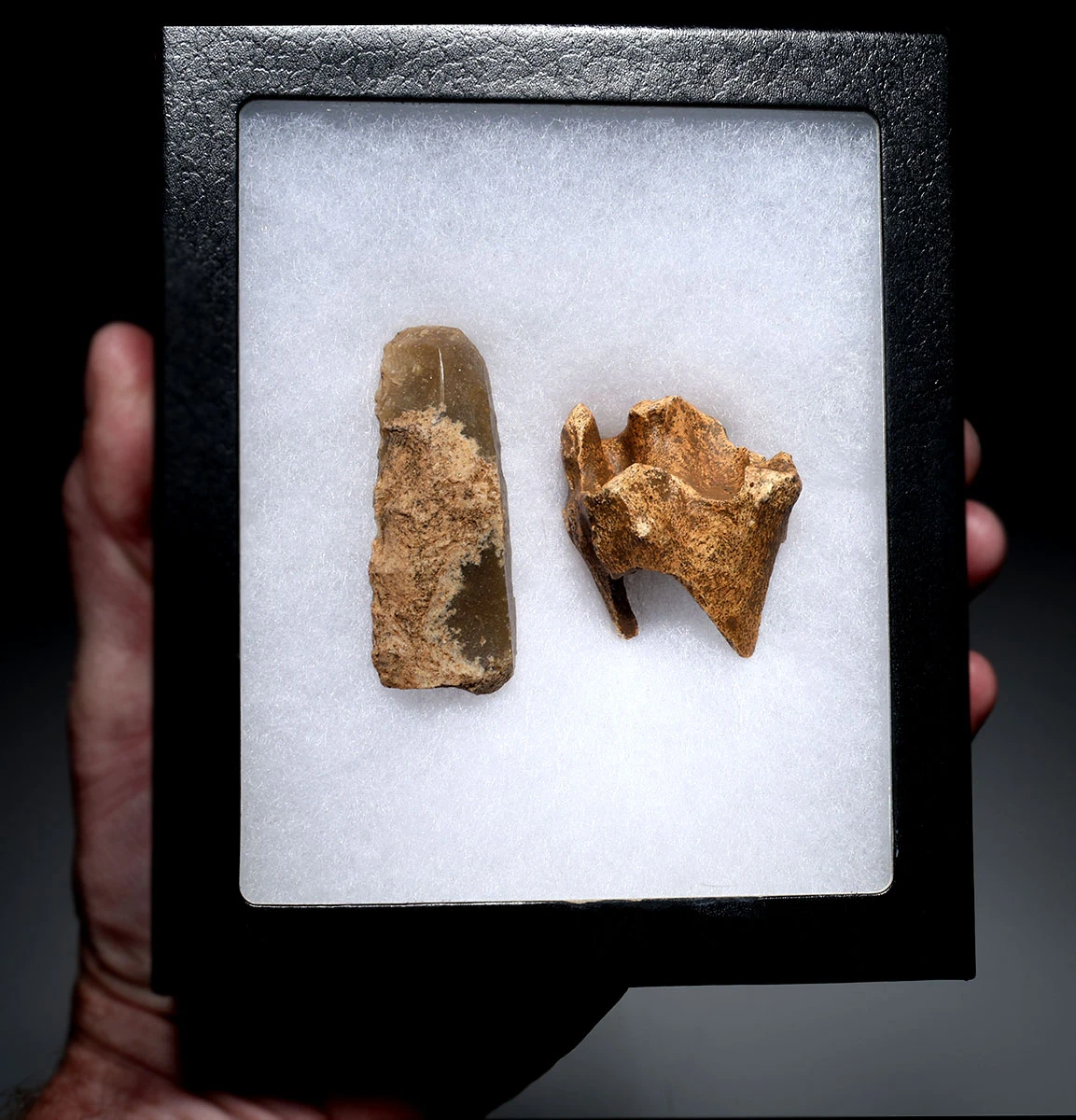 CRO MAGNON AURIGNACIAN UPPER PALEOLITHIC FLINT KNIFE BLADE FLAKE TOOL WITH BUTCHERED MEGAFAUNA FOSSIL BONE FROM FAMOUS LA GANE SITE IN FRANCE  *UP087