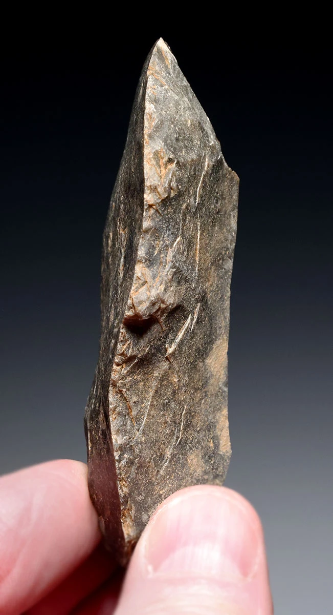 CRO MAGNON AURIGNACIAN UPPER PALEOLITHIC LARGE FLINT KNIFE BLADE FLAKE TOOL WITH BUTCHERED MEGAFAUNA FOSSIL BONE FROM FAMOUS LA GANE SITE IN FRANCE  *UP086