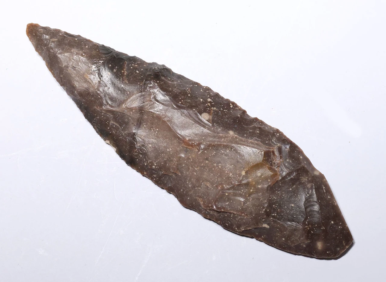 CHOICE LARGE BROWN FLINT AFRICAN CAPSIAN NEOLITHIC BIFACIAL FLAKED STONE BLADE KNIFE  *CAP503