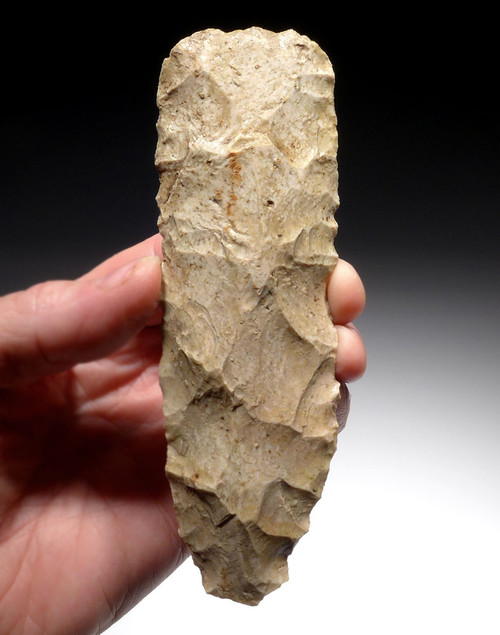 NARROW WHITE CAPSIAN AFRICAN NEOLITHIC FLAKED CELT WAR AXE WITH HEAVY DESERT VARNISH PATINA  *CAP294