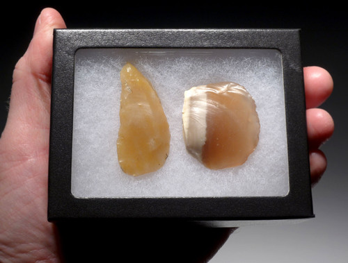 TWO INCREDIBLE HONEY CHALCEDONY AFRICAN CAPSIAN NEOLITHIC FLAKE STONE TOOLS  *CAP379