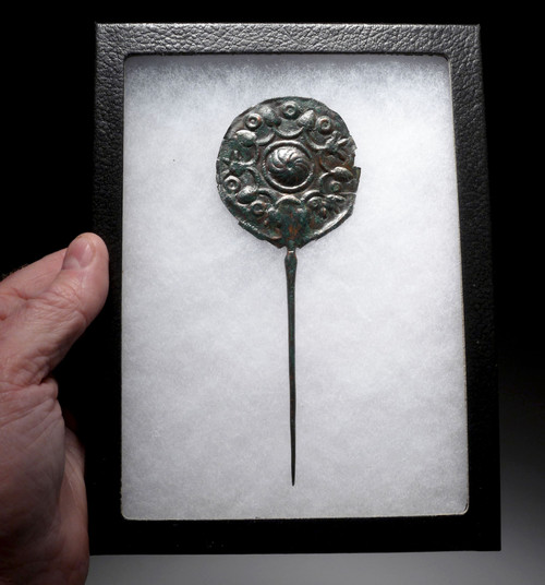 RARE ANCIENT IRANIAN LURISTAN SILVERED BRONZE DISK-HEADED PIN WITH FLORAL WORK   *LUR275