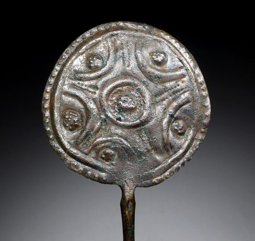 RARE ANCIENT IRANIAN LURISTAN SILVERED BRONZE CHASED GEOMETRIC DISK-HEADED PIN   *LUR360