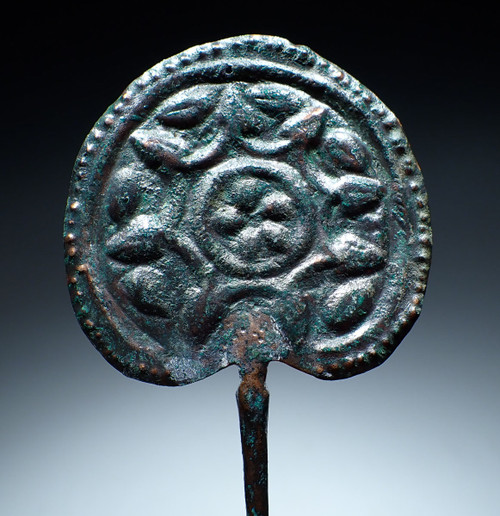 RARE ANCIENT IRANIAN LURISTAN BRONZE DISK-HEADED PIN WITH CHASED FRUIT AND FLORAL DESIGNS  *LUR371