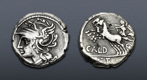 ROMAN REPUBLIC SILVER DENARIUS ANCIENT COIN WITH HELMETED ROMA AND VICTORY DRIVING CHARIOT HORSES  *AC224