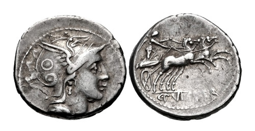 ROMAN REPUBLIC SILVER DENARIUS ANCIENT COIN WITH HELMETED ROMA AND VICTORY DRIVING CHARIOT HORSES  *AC223