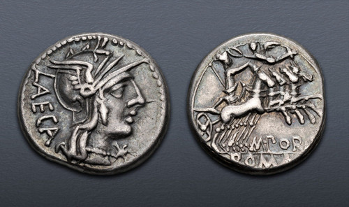 ROMAN REPUBLIC SILVER DENARIUS ANCIENT COIN WITH HELMETED ROMA AND GODDESS LIBERTAS DRIVING CHARIOT HORSES  *AC222