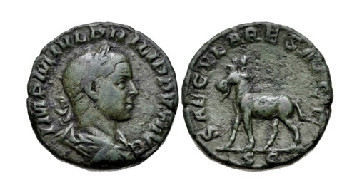 ROMAN IMPERIAL BRONZE SESTERTIUS ANCIENT COIN OF PHILIP II WITH SACRIFICIAL GOAT TO HONOR 1000TH ANNIVERSARY OF ROMAN EMPIRE  *AC207