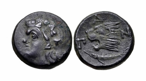 ANCIENT HELLENISTIC GREEK CIMMERIAN BRONZE COIN WITH HEAD OF SATYR AND LION FROM THE BOSPORUS  *AC205