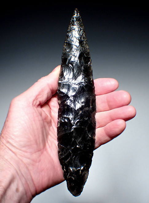 EXCEPTIONAL LARGE AZTEC PRE-COLUMBIAN OBSIDIAN SACRIFICIAL LEAF DAGGER BLADE FOR HEART REMOVAL SACRIFICE  *PC648