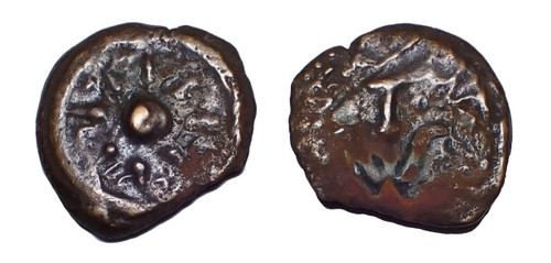 WIDOWS MITE COIN JUDEAN KINGDOM BRONZE PRUTAH ALEXANDER JANNAEUS WITH STAR AND ANCHOR  *AC262
