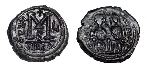 ROMAN BYZANTINE BRONZE FOLLIS ANCIENT COIN MINTED BY JUSTIN II SEATED NEXT TO HIS WIFE SOPHIA  *AC259