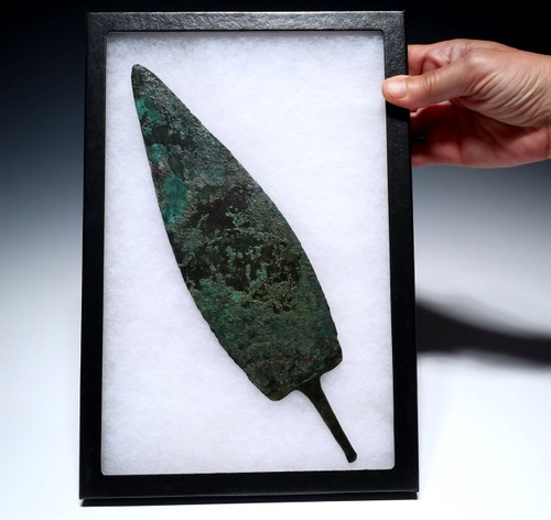 COLORFUL MAXIMUM SIZE ANCIENT BRONZE LURISTAN DAGGER WITH BLUE AZURITE DEPOSITS  *LUR453