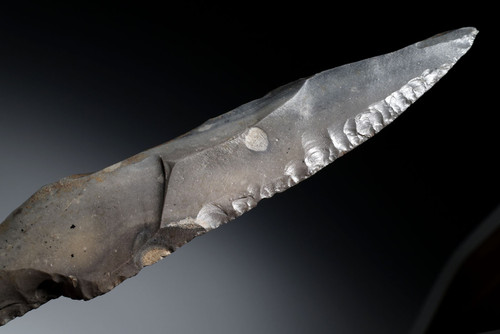 PREMIUM MAYAN PRE-COLUMBIAN STEMMED MACRO BLADE DAGGER FLAKED STONE KNIFE WITH HANDLE  *PC672