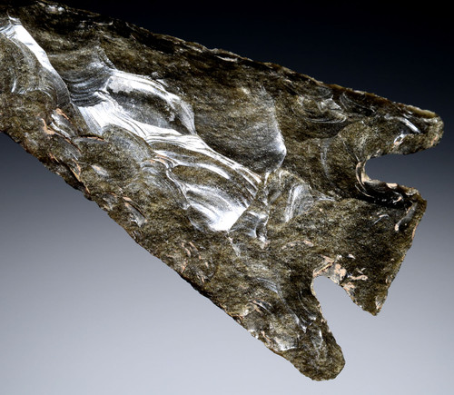 GIANT SPECTACULAR ROYAL CEREMONIAL MAYAN PRE-COLUMBIAN GREEN SHEEN OBSIDIAN BARBED SPEARHEAD  *PC667