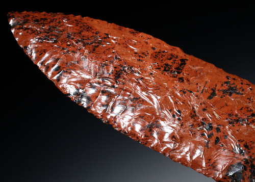 LARGE RED MAHOGANY OBSIDIAN INVESTMENT-CLASS MAYAN PRE-COLUMBIAN BIFACIAL KNIFE DAGGER BLADE FOR HEART-REMOVAL SACRIFICE  *PC669