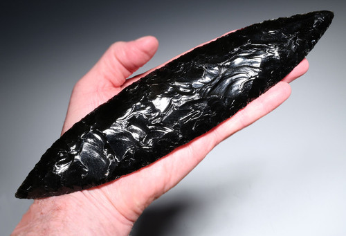 GIANT 10.7 INCH BIFACIAL OBSIDIAN INVESTMENT-CLASS MAYAN PRE-COLUMBIAN KNIFE DAGGER BLADE FOR HEART-REMOVAL SACRIFICE  *PC668